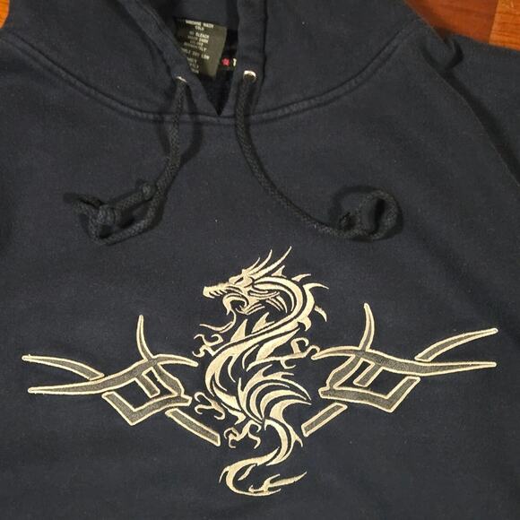 Vintage Y2K Top Heavy Embroidered Tribal Dragon Hoodie Mens Medium - Picture 2 of 11
